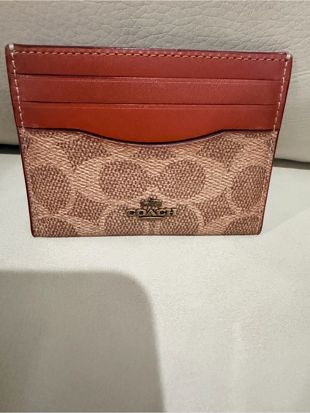 Coach Brown Signature Canvas Card Holder with Rust Leather